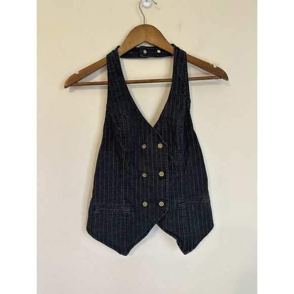 Y2K Halter Vest Waistcoat Crop Grunge Goth Steampunk M 90s Stripe Denim Button - Picture 1 of 3